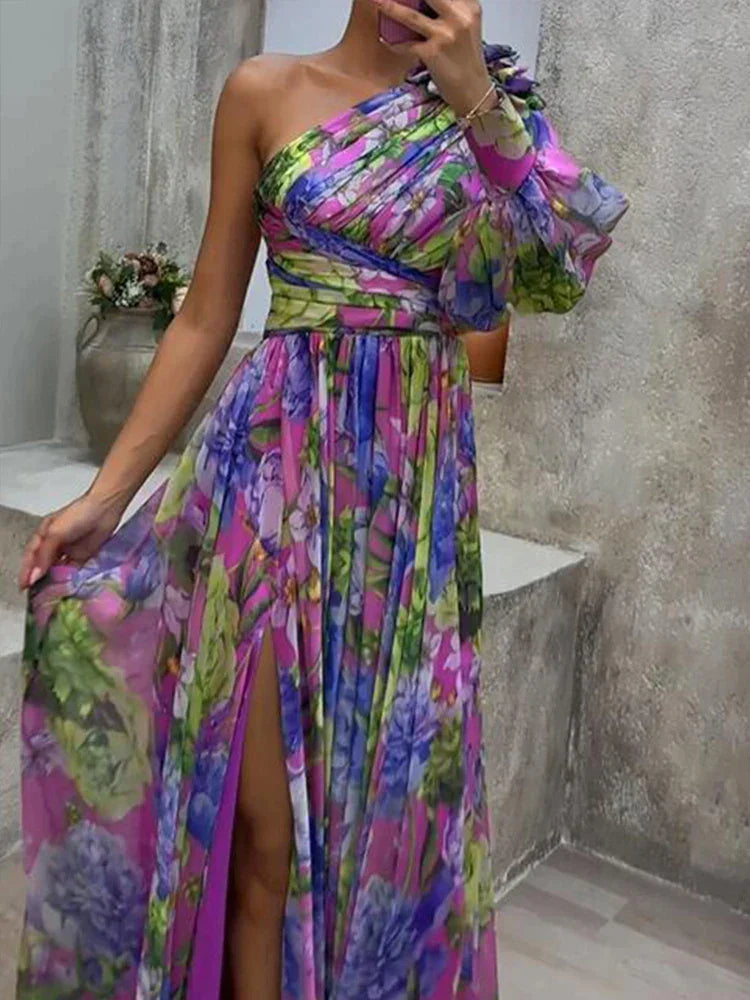 Lila Maxi Dress with Print and Side Split, one Sleeve - Viola