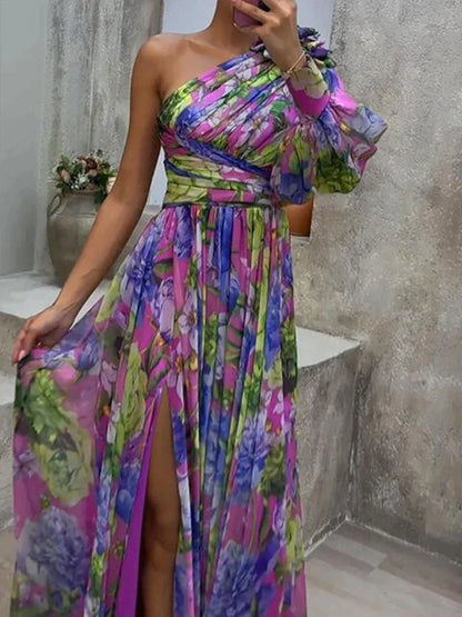 Lila Maxi Dress with Print and Side Split, one Sleeve - Viola