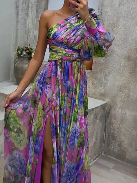 Lila Maxi Dress with Print and Side Split, one Sleeve - Viola