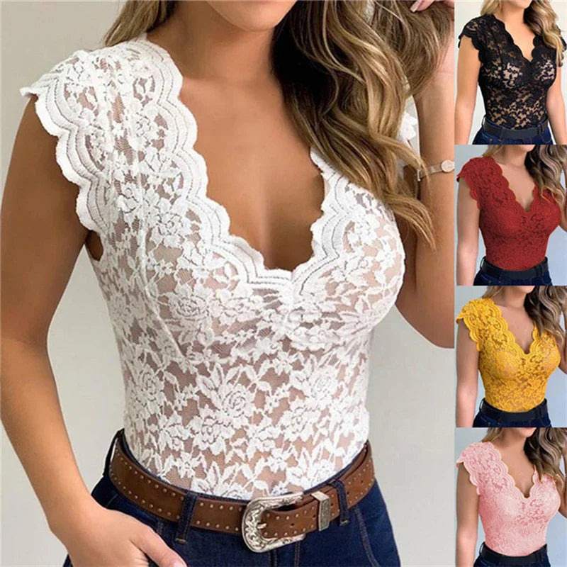 Stylish ladies' summer top made of lace with floral pattern - SpitzenLicht
