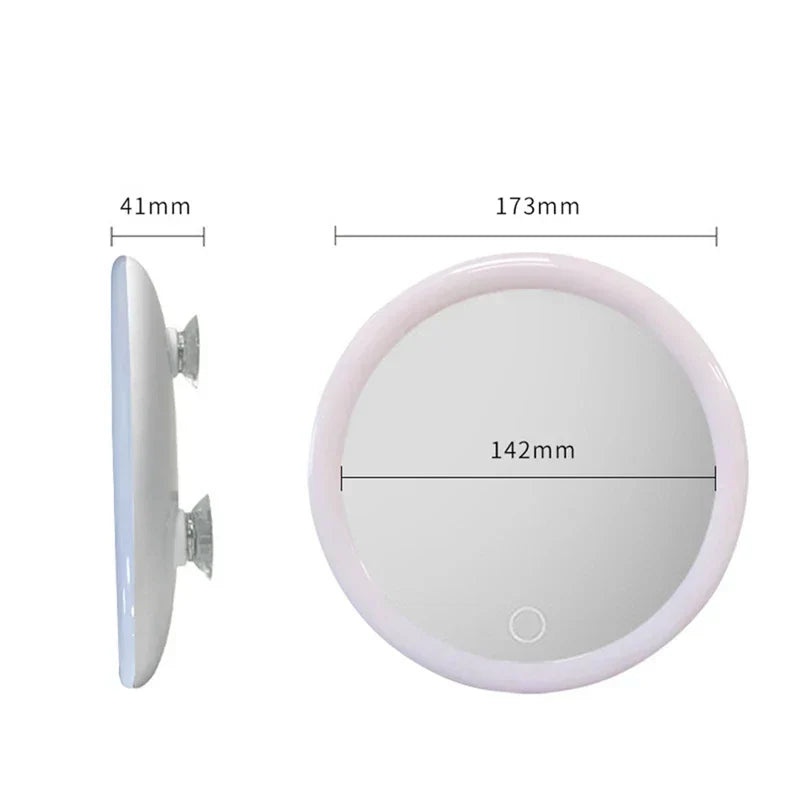 Front and side views of the round mirror with labelled dimensions, showing the touch button and suction cups 6