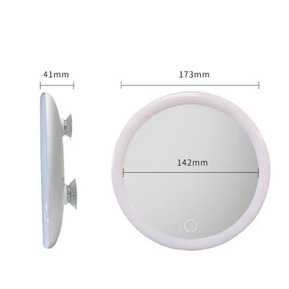 Front and side views of the round mirror with labelled dimensions, showing the touch button and suction cups 6