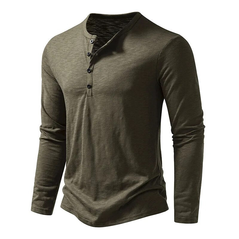 Olive green long-sleeved Henley shown at a three-quarter angle, with the button placket and curved hem visible. 5