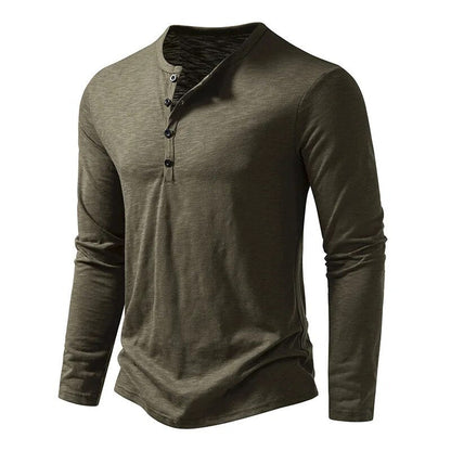 Olive green long-sleeved Henley shown at a three-quarter angle, with the button placket and curved hem visible. 5