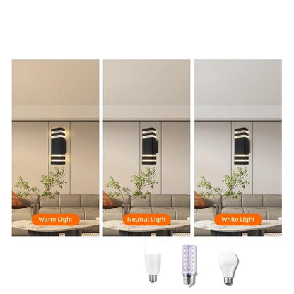 Three side-by-side living room scenes showing the wall light with warm, neutral and white light, with three bulb styles below. 2