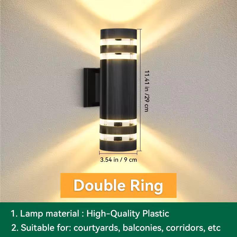 Double-ring cylindrical black sconce with a diagram of its height and diameter and a text panel 14