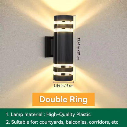 Double-ring cylindrical black sconce with a diagram of its height and diameter and a text panel 14