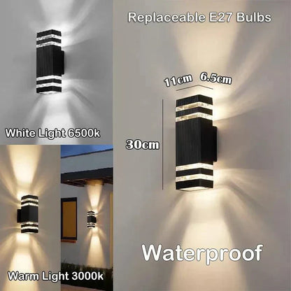 Tall square wall light with extra clear bands, dimensions marked, comparing cool white and warm light output against the wall. 8