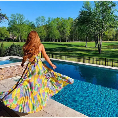 Printed summer dress with plunging neckline and bow detail – Vivienne