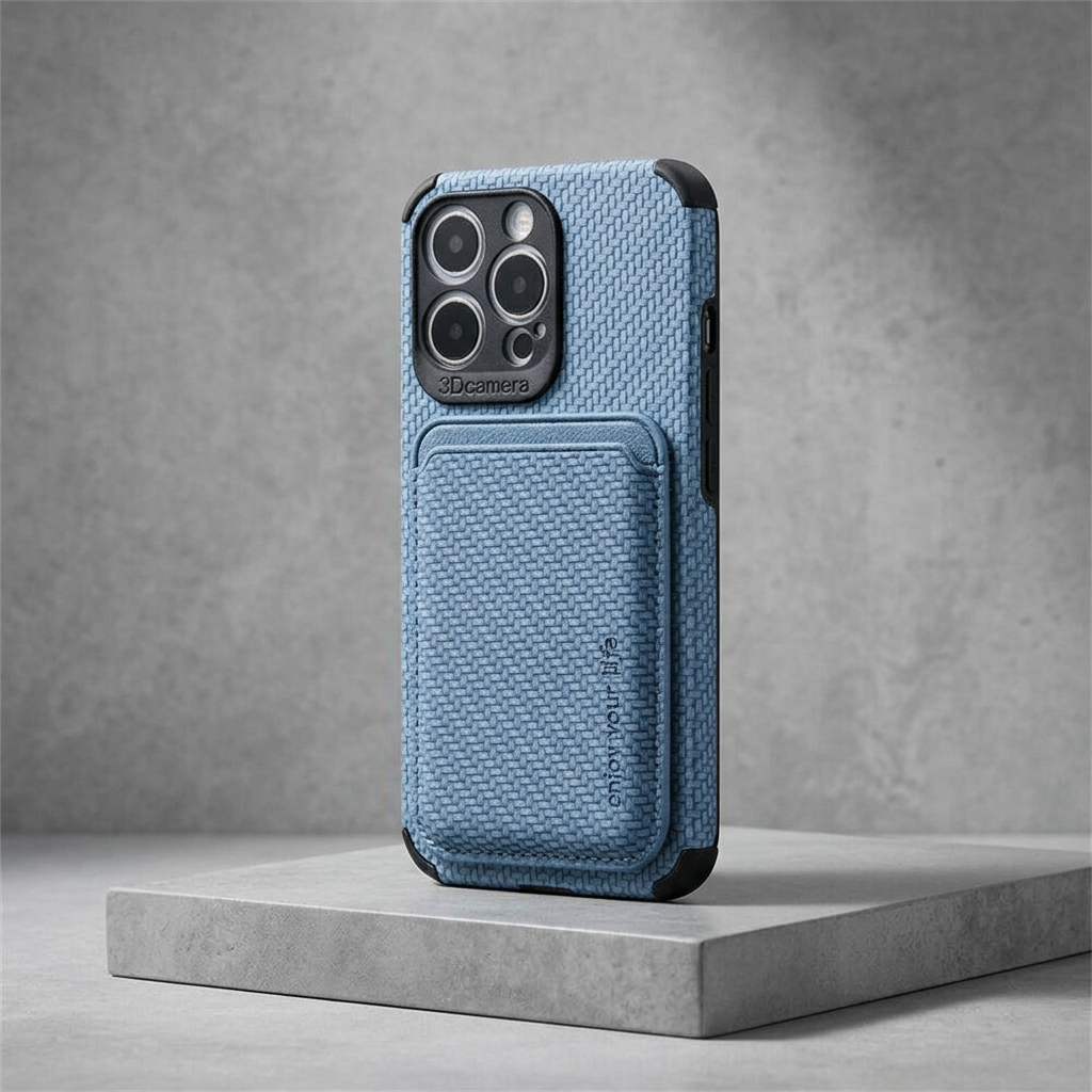 Blue woven-texture phone case with card pocket, resting upright on a grey concrete slab 5