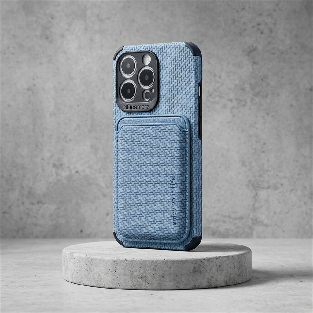 Blue case with woven texture and card pocket, standing on a round concrete podium 4