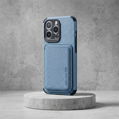 Blue case with woven texture and card pocket, standing on a round concrete podium 4