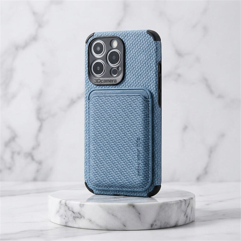 Blue woven-texture case with card holder, standing upright on a round marble stand 5