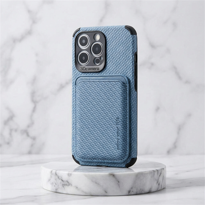 Blue woven-texture case with card holder, standing upright on a round marble stand 5
