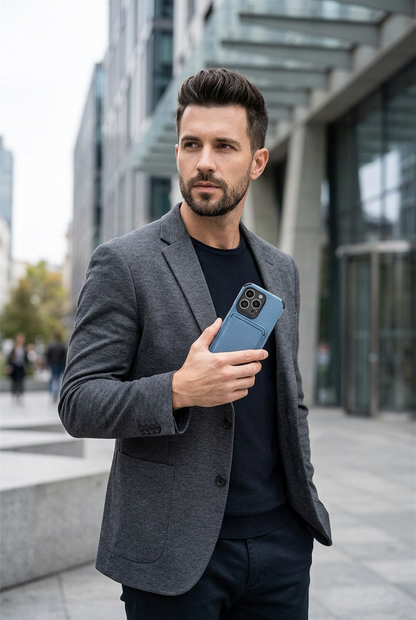 Man in a grey blazer holds a blue textured phone case with card pocket outdoors 1