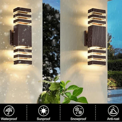 Two square wall lights glowing in rain and snow beside icons for waterproof, sunproof, snowproof and anti-rust protection. 4