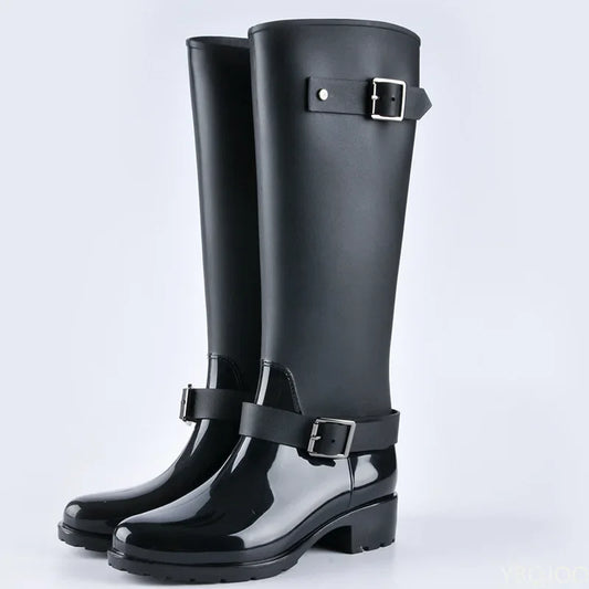 Women's waterproof knee-high rain boots with buckles & block heels – Elenya