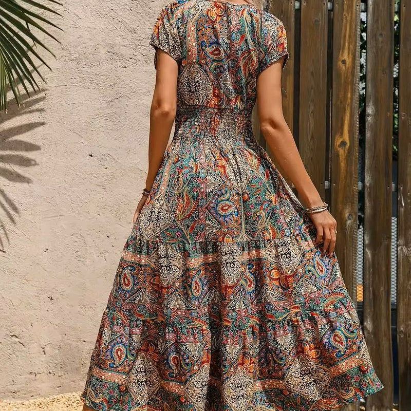 Airy women's maxi dress with ethnic print & V-neck – Nayeli