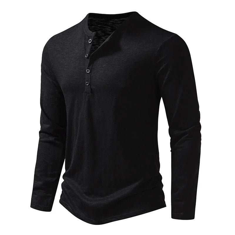 Black long-sleeved Henley shown at a three-quarter angle, with four buttons on the placket and a curved hem. 15