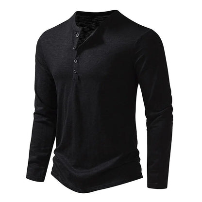 Black long-sleeved Henley shown at a three-quarter angle, with four buttons on the placket and a curved hem. 15