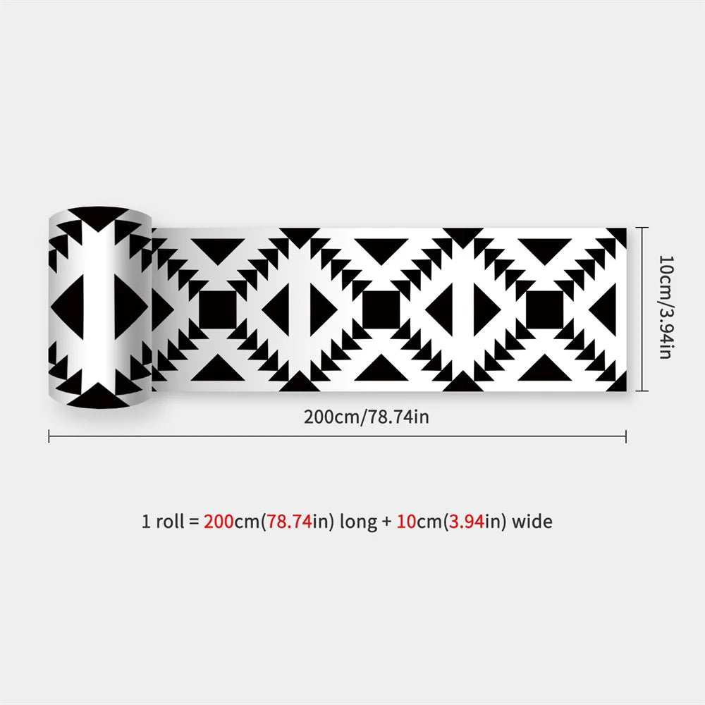 Partly unrolled strip with a bold black and white geometric triangle pattern 48