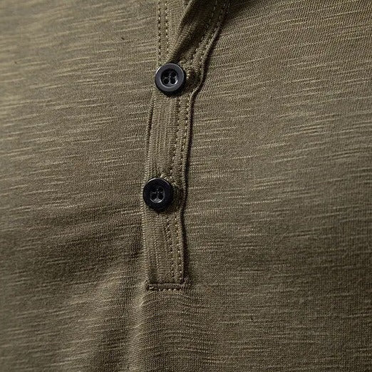 Close-up of the olive green Henley placket, showing two dark buttons and neat stitching along the front opening. 7