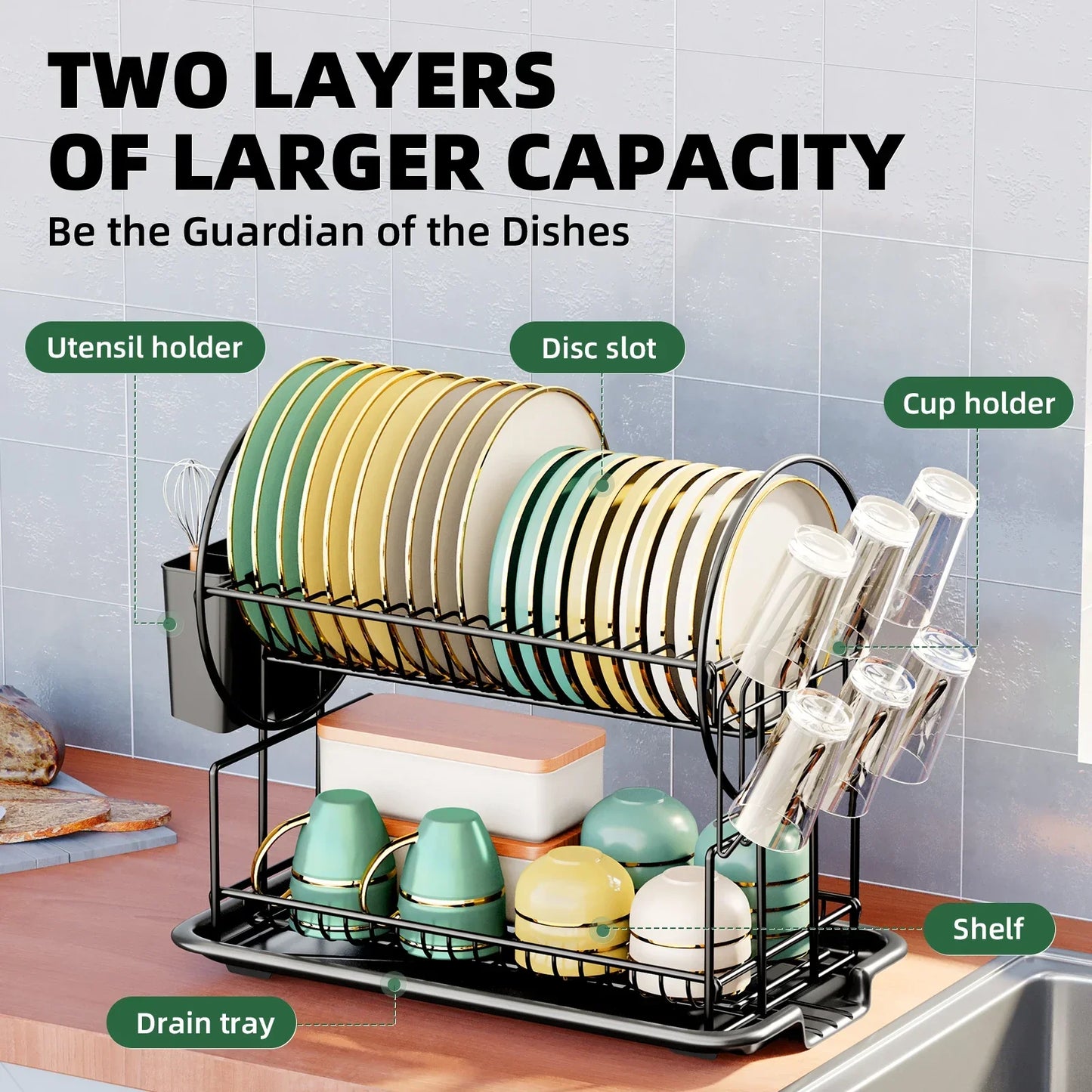 2-Tier Dish Drying Rack with Drainboard & Cutlery Holder – Aria