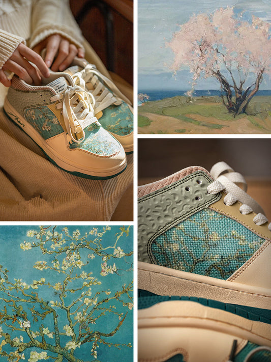 Stylish unisex synthetic sneakers with almond blossom print – Arta