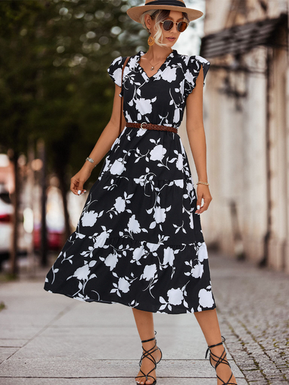 A-line summer dress with puff sleeves and a colour accent – Thalia