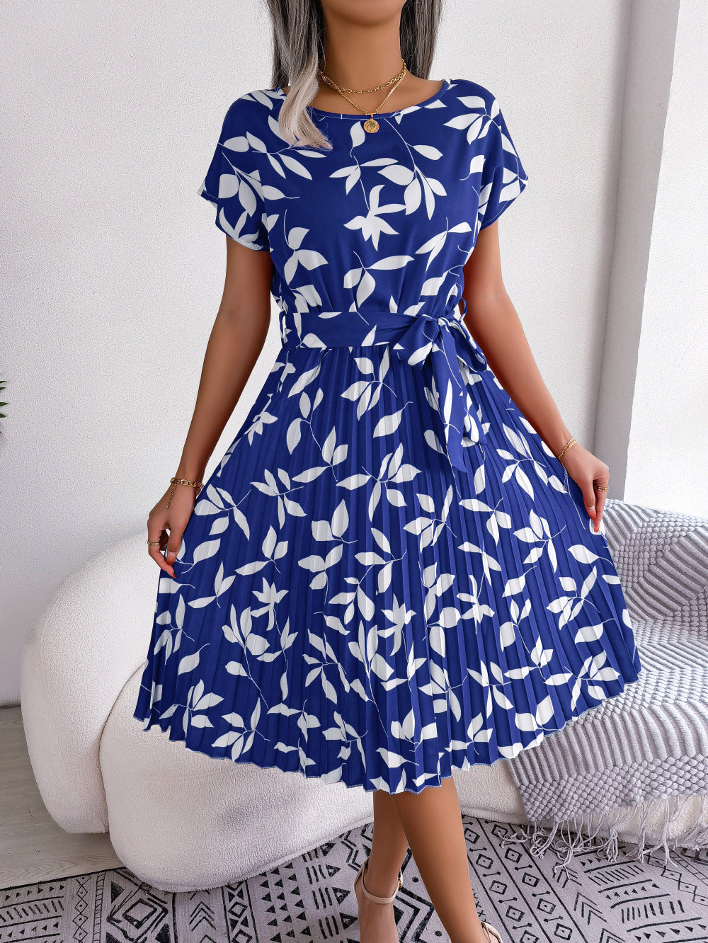 Blue Printed Autumn Midi Dress – Naomi