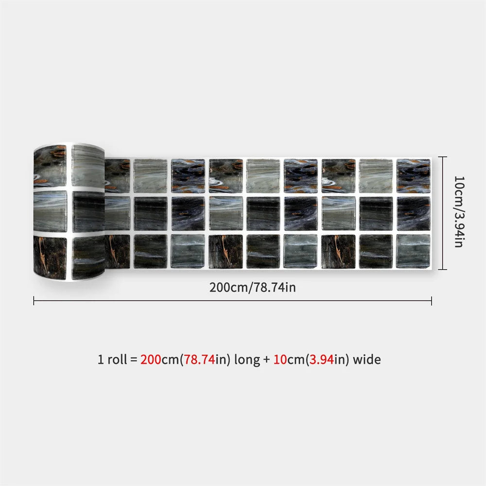 Partly unrolled strip in grey and black glassy mosaic squares with copper flecks, on white 41