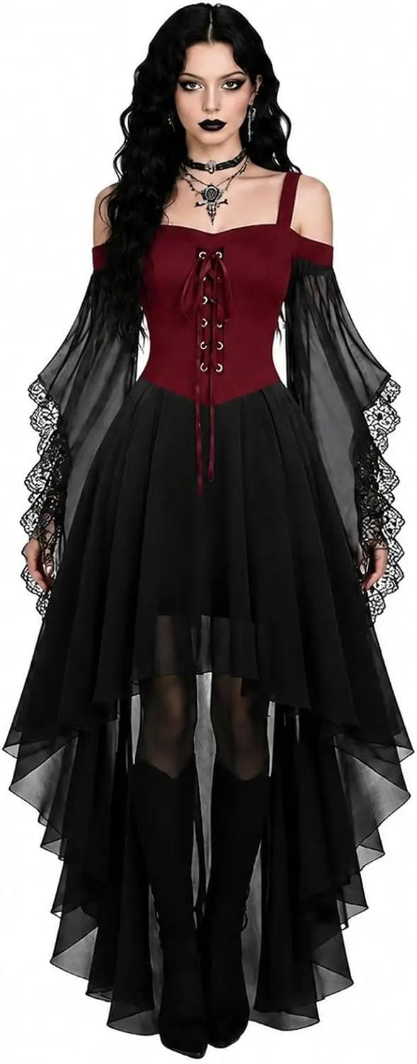 Model wearing the version with a burgundy red lace-up bodice, black sheer sleeves and black high-low skirt 7