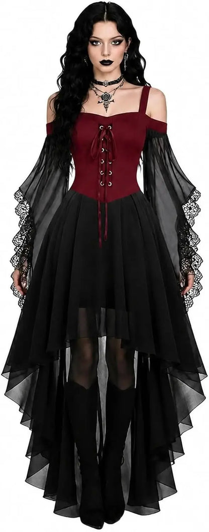 Model wearing the version with a burgundy red lace-up bodice, black sheer sleeves and black high-low skirt 7