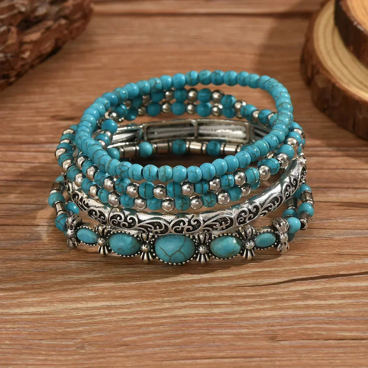 Bohemian Bracelet Set – 5-Piece Turquoise Beaded Stack 3