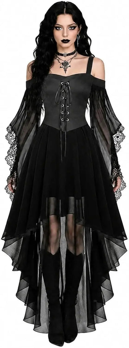 Model wearing the all-black version with lace-up bodice, lace-edged bell sleeves and layered sheer high-low skirt 8