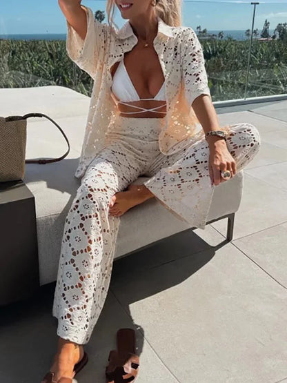 Two-piece ladies lace outfit with wide trousers – Livia