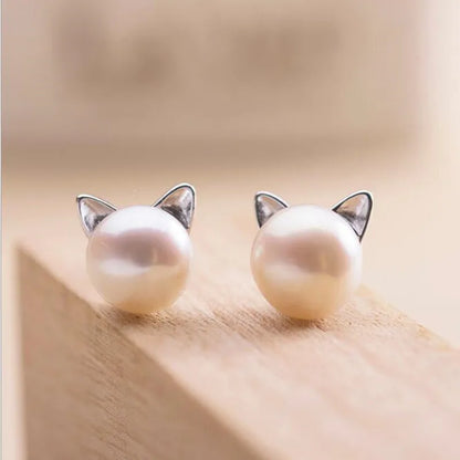 Sterling Silver Cat Pearl Stud Earrings 4