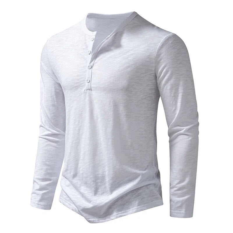 White long-sleeved Henley shown at a three-quarter angle, with the button placket and slim sleeves visible. 10