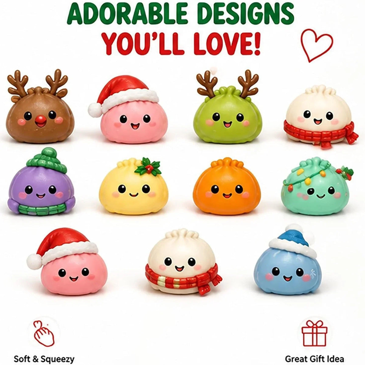 Eleven festive dumpling toys in rows, wearing Santa hats, reindeer antlers, scarves and a green beanie 3