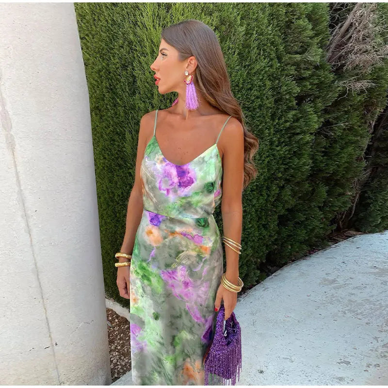 Colourful Halo-Dye Maxi Dress with Detachable Scarf - Olivia