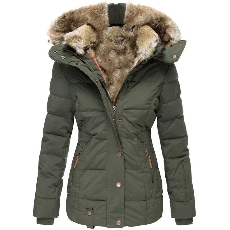 Front view of the quilted parka in olive green, with zip and popper placket, zipped hand pockets and a faux fur-lined hood. 1