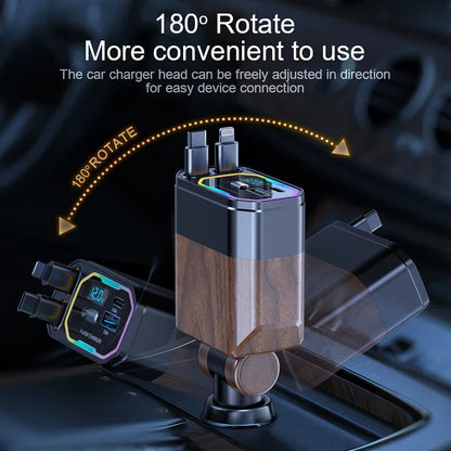 120W 4-in-1 Retractable Car Charger with USB-C & Cigarette Lighter Adapter – Vega