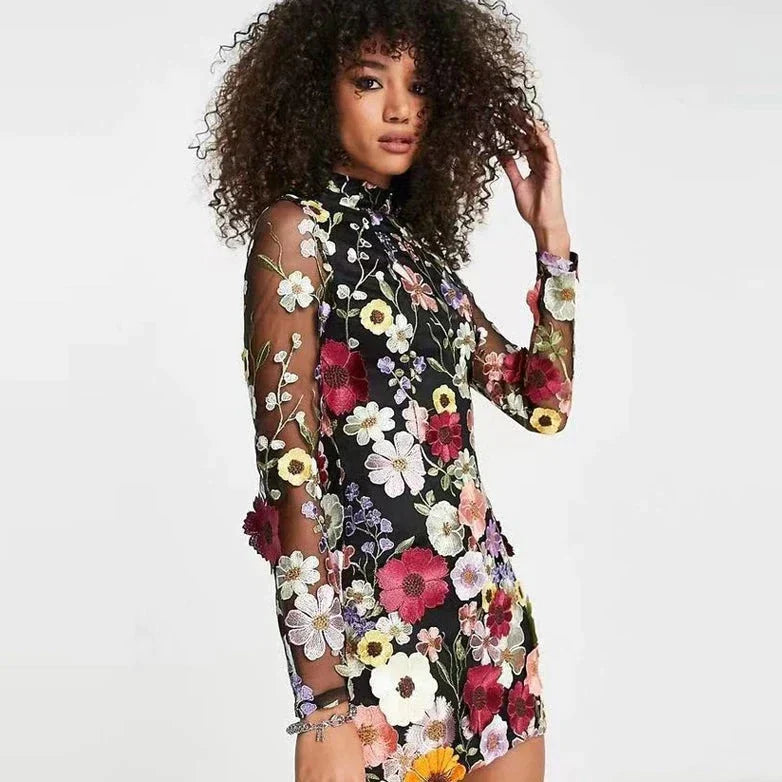 Autumn floral cocktail dress with lace – Aurelia