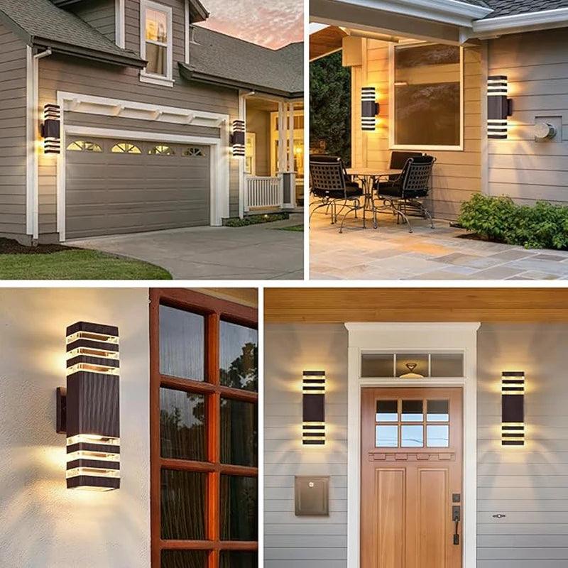 Collage of four home exteriors with the wall lights beside a garage, a patio, a window and a front door. 3