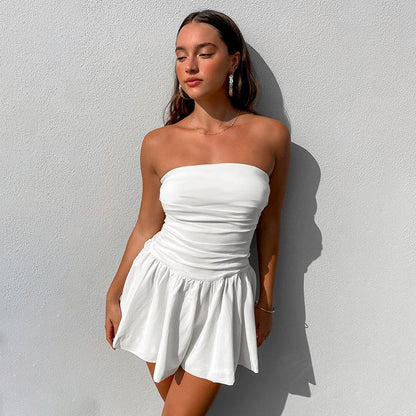 White strapless mini dress with plissé details – Nikki
