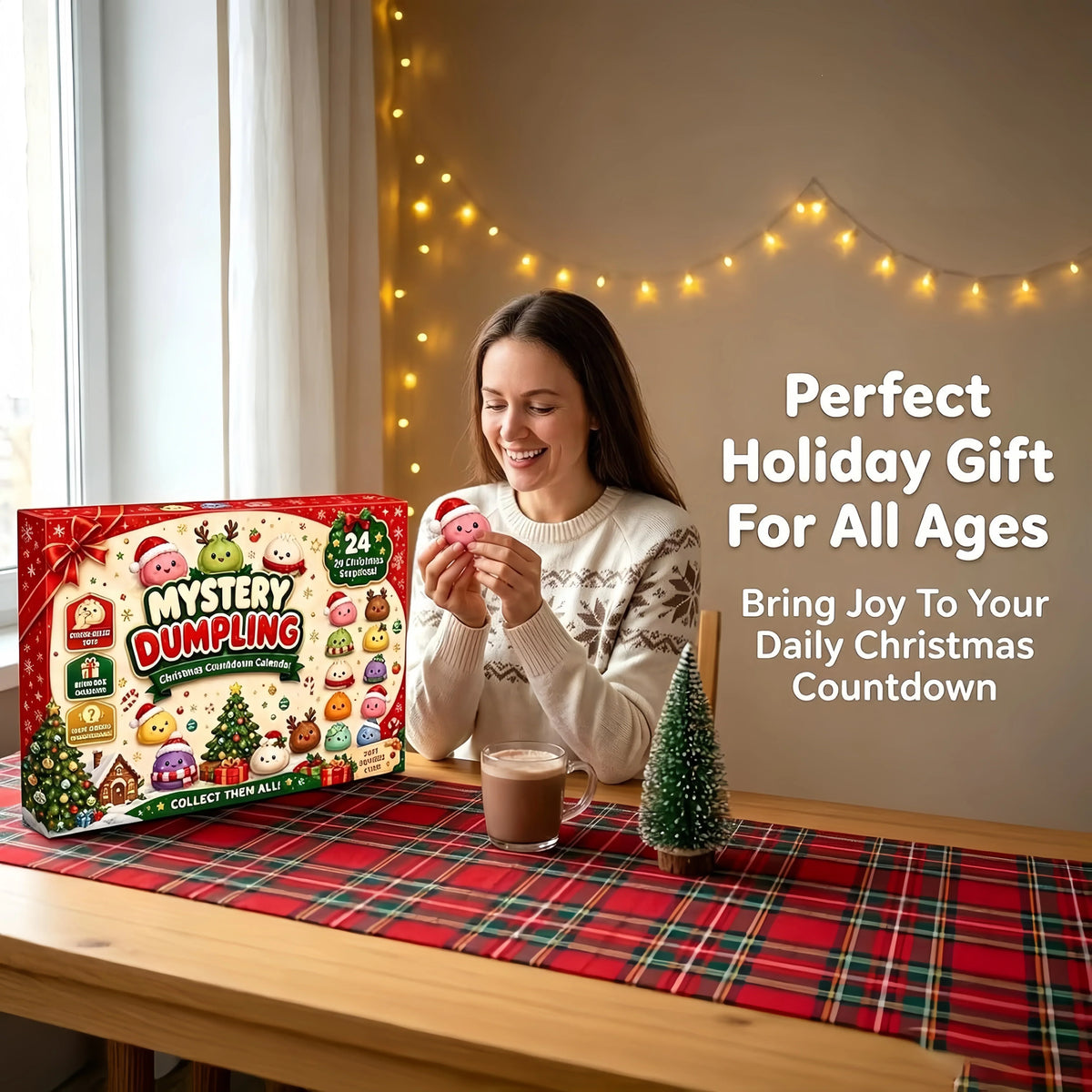 Smiling woman in a festive jumper holding a pink dumpling toy beside the box and a hot chocolate 5