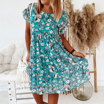 Boho floral dress with ruffles and fitted waist – Calista