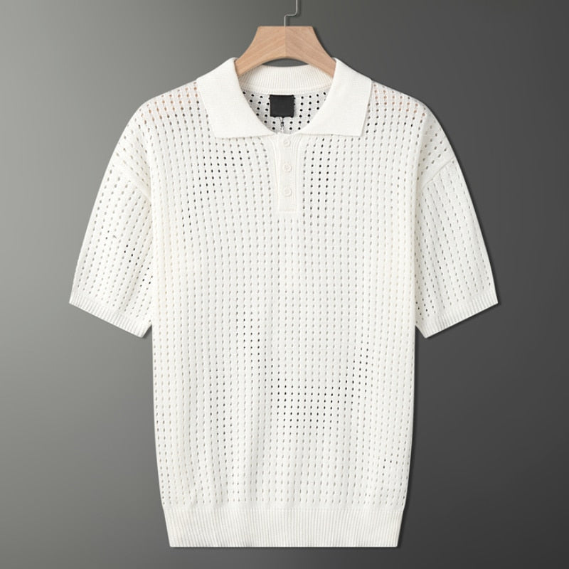 White airy men's polo shirt with a fine knitted texture – Autumn Magic Daan