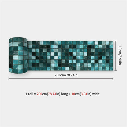 Partly unrolled strip of small glossy mosaic squares in teal, turquoise and dark green, dimensions marked 31