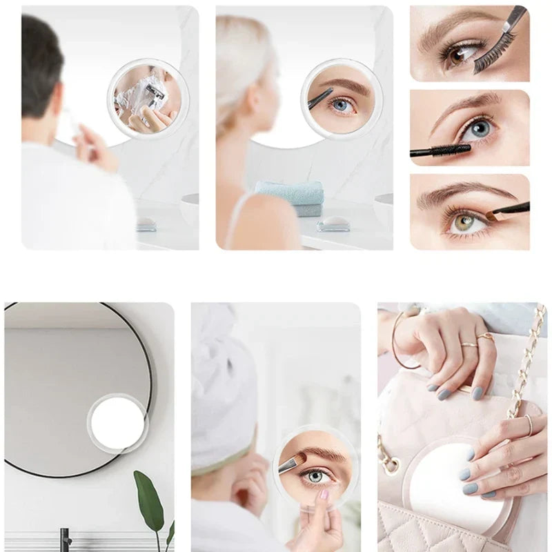 Collage of the mirror in use for shaving, eyebrows and eye makeup, and carried in a handbag 2